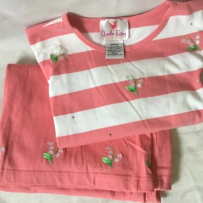 Quacker Factory Skirt Set Pink White Peach Floral Rhinestones Cotton Grannycore - Image 1 of 4