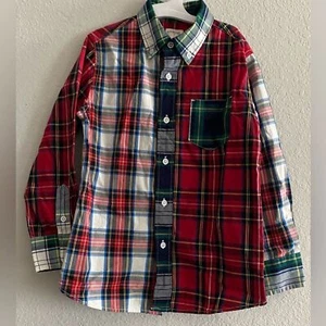 J.Crew CrewCuts Boy Plaid Color Block Button Up Shirt Red Green 4/5 - Picture 1 of 7