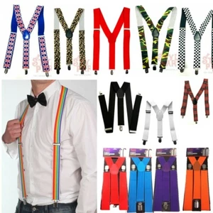 WIDE ADJUSTABLE BRACES SUSPENDERS ELASTIC PLAIN COLOURS CLASSIC GENTS LADIES UK - Picture 1 of 28