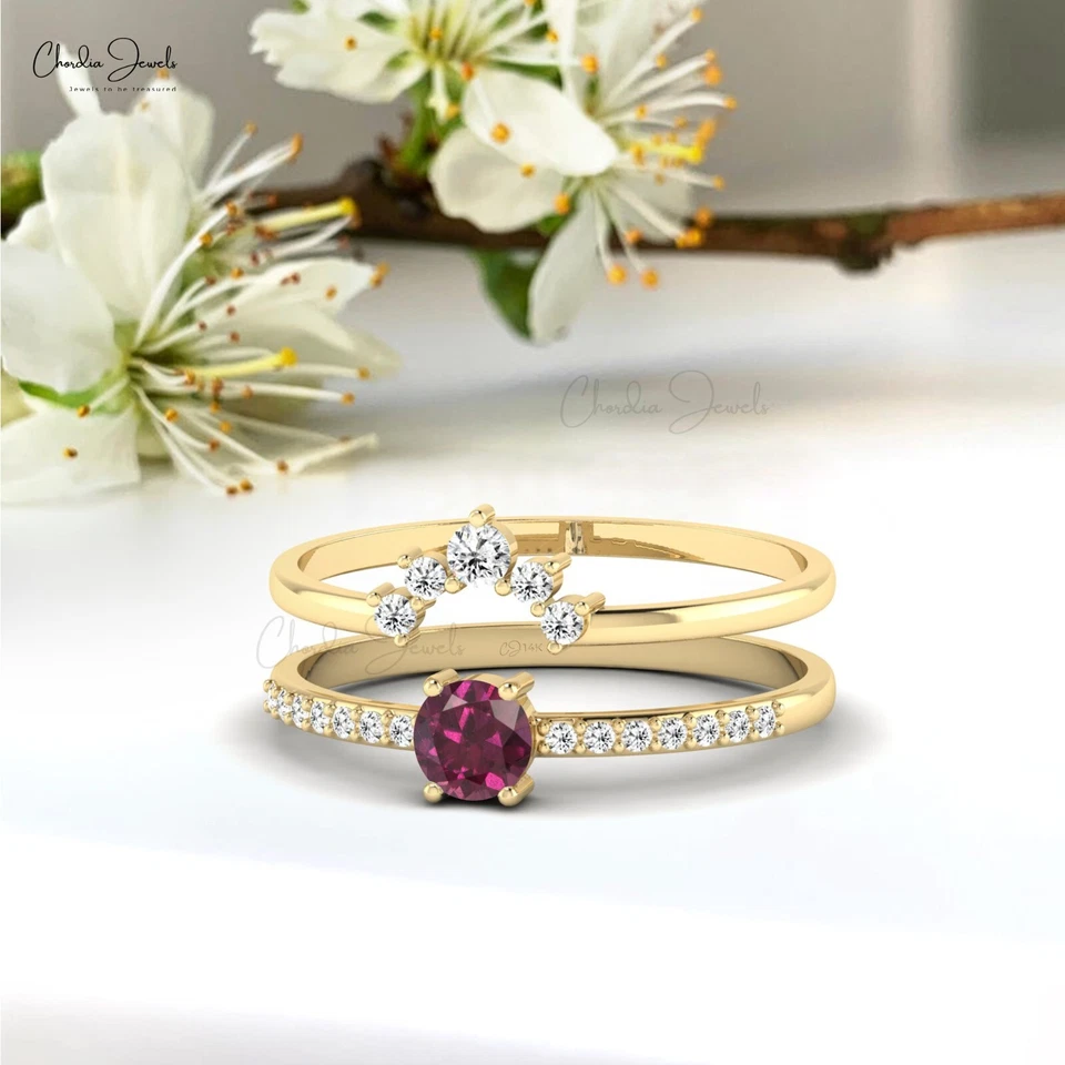 14k Solid Gold Unique Chevron Wedding Band 4mm Rhodolite Garnet And Diamond Ring - Image 1 of 4