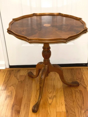 Antique Small Round Pedestal Tray Table in Gorgeous Figure Maple Cover