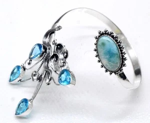 925 Sterling Silver Larimar & Topaz Gemstone Jewelry Cuff Bracelet Size-ADJ - Picture 1 of 7