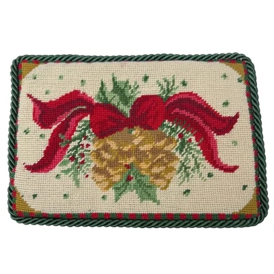 Christmas Wool Needlepoint Pillow Cover Holly & Pine Cones Vintage Holiday Decor - Image 1 of 4