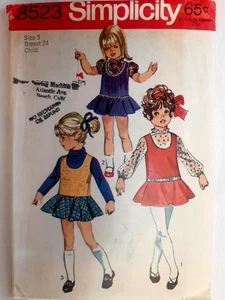 Simplicity 8523 Jumper Dress Blouse Sewing Pattern Girls 5 VTG Cut Flare Skirt - Picture 1 of 6