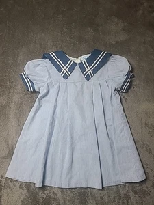Vintage 1980s Little Bit Evelyn Girl 4t Blue Pinstripe Nautical Sailor Dress - Picture 1 of 5