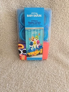 Baby Shark Kids 13 Piece Fabric Shower Curtain with Hooks Set, Blue Bath Decor - Picture 1 of 7