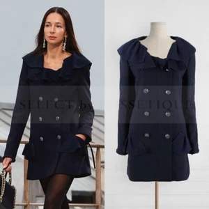 CHANEL 20P RUFFLE NECKLINE NAVY LONG JACKET COAT FR38 - Picture 1 of 7
