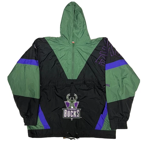 Vintage 90s NBA Milwaukee Bucks Pullover Nutmeg Windbreaker Sharktooth Style Lrg Cover
