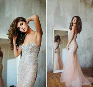 Pink Sweetheart Sparkly Bead Crystals Wedding Dresses Blush Mermaid Bridal Gowns - Picture 1 of 5