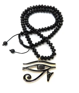 Egyptian Anubis Eye of Horus Ankh Cross Pendant & 24" Black Stone Bead Necklace - Picture 1 of 20