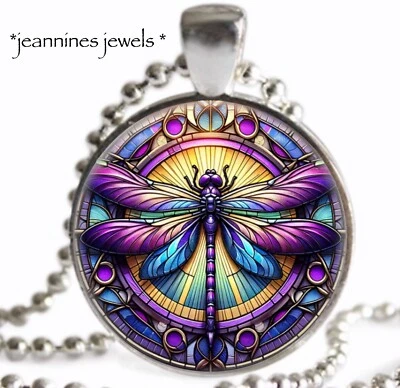Purple Dragonfly Necklace FAUX Stained Glass ART PRINT Silver Charm Pendant - Image 1 of 4