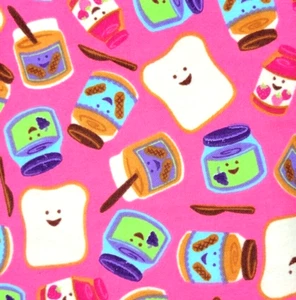 Cotton Flannel Pink Fabric Peanut Butter Jelly Jam Sandwich Faces 41 X 3 Yds - Picture 1 of 5