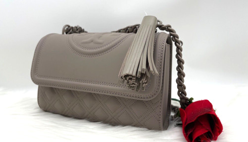 Spalla convertibile nuova con etichette Tory Burch piccola catena fiamminga opaca airone grigio