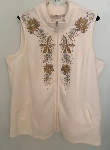 Quacker Factory Women’s 1X Ivory Polar Fleece Floral Embroidered Full Zip Vest - Picture 1 of 8