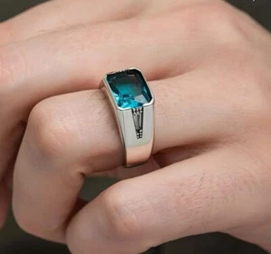 Herren ring 925 Silber mit blauen topas stein siegel ring massiv modern elegant - Bild 1 von 12