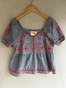 Savanna Jane Bluse Damen klein blau Chambray Azteken Stickerei Boho Babydoll  - Bild 1 von 9