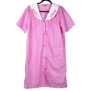 Vintage Pink Gingham Checkered Housedress Housecoat Gown Embroidered Large - Picture 1 of 8