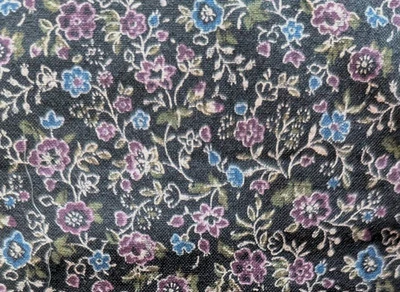 Vtg unbranded Blue & Purple Floral Black Calico Cotton Fabric 38" L x 46" W pc - Image 1 of 4