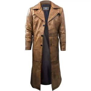 Cappotto trench marrone pelle invecchiata stile vintage cappotto lungo sotto ginocchio - Foto 1 di 4
