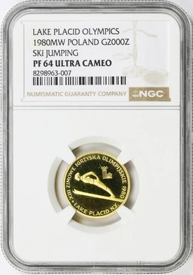 1980 MW Poland Gold 2000 Złotych NGC PF64 Ultra Cameo - Lake Placid Ski Jumping - Image 1 of 4