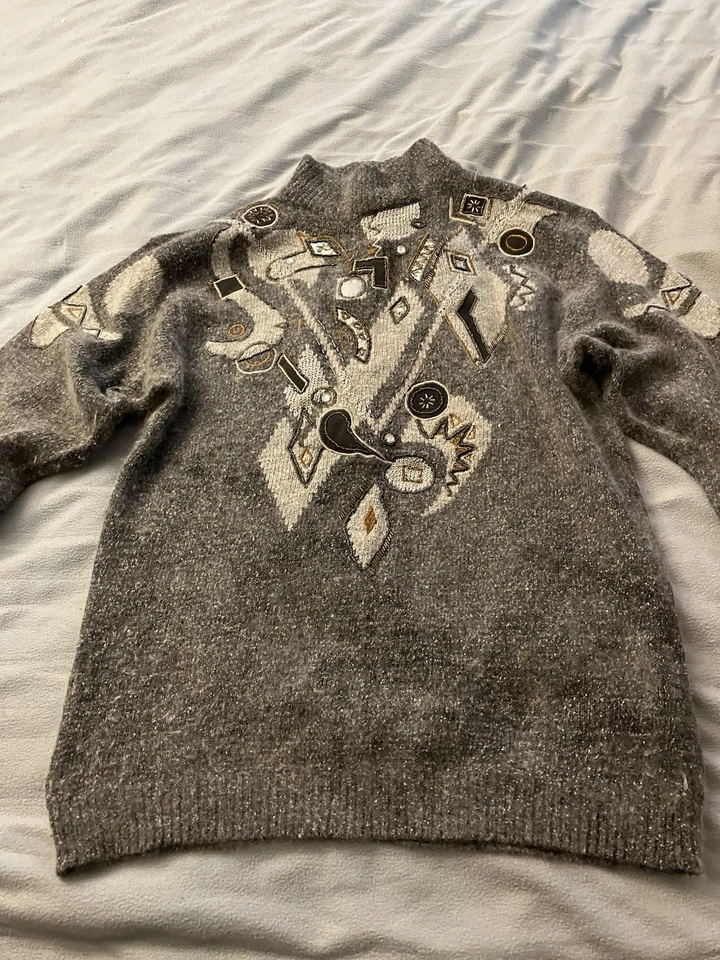 Винтажный Arlando женщин L серый пуловер свитер бисер, шелк, нейлон и ангора - Изображение 1 из 4