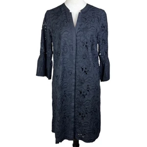 Chicos NWT M Black Flounce 3/4 Sleeve Lined Button Up Floral Eyelet Dress Pocket - Picture 1 of 14