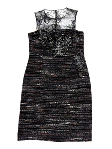 Vestido Teri Jon Rickie Freeman Sin Mangas Talla 8 Negro Metálico Tweed Encaje Transparente - Imagen 1 de 17