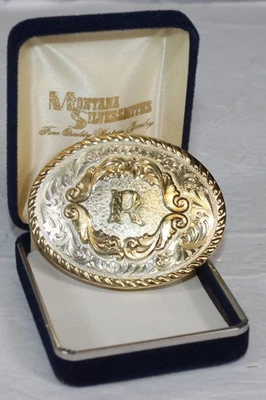 Vtg Montana Silversmiths Belt Buckle Silver Plate R Big Western Cowboy Gold Boxd - Image 1 of 4