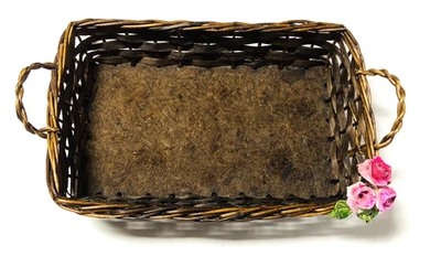 Basket Brown Rectangle Weave Particle Board Base Pink Roses Green Leaves VTG - Image 1 of 4