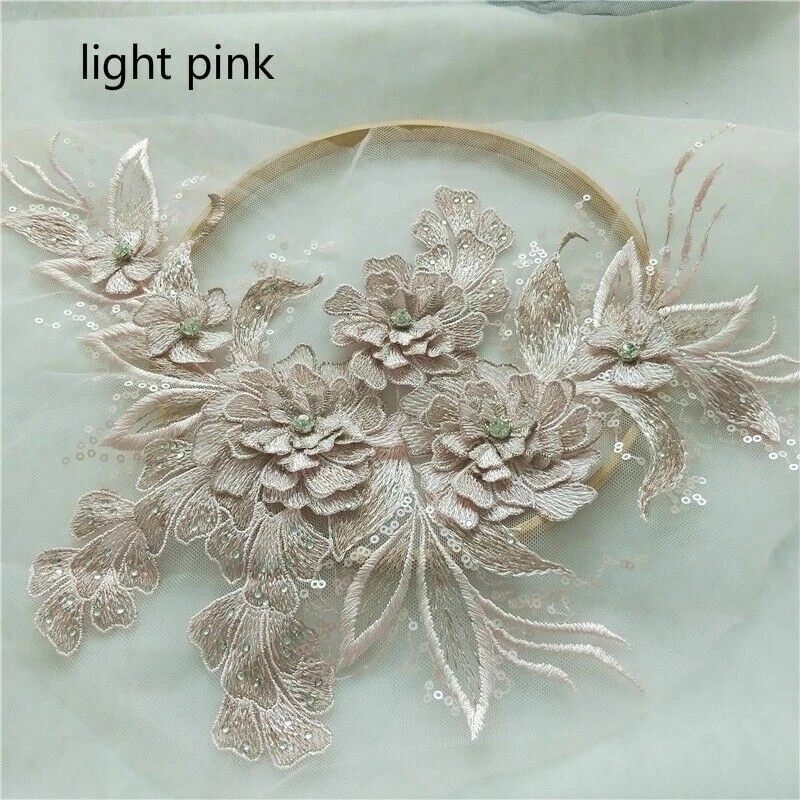 Embroidery Lace Applique 3D Sequin Patch DIY Wedding Dress Sewing Trimming Craft - Image 1 of 4
