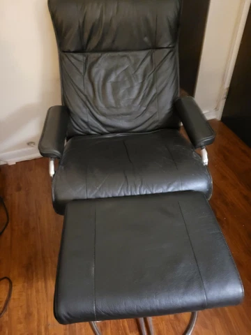 60s 70s Skoghaug Industries Black Leather Recliner Swivel Chair Ottoman Norway Cover