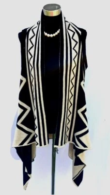 Ci Sono Cavalini Knit M L Sweater Vest Black Beige Ruffled Open Front Cardigan - Image 1 of 4