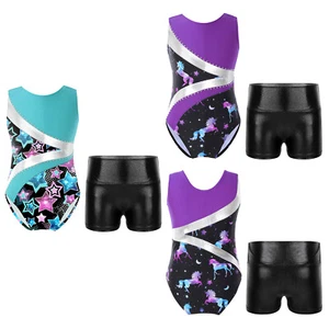 Kids Girls Unitard With Bottoms Exercise Rompers Dance Outfit Training Bodysuit - Picture 1 of 26