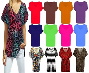 Womens Ladies Oversized Baggy T shirt UK Sizes Top Loose V Neck Turn Up Batwing - Picture 1 of 28