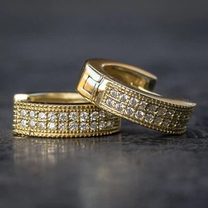 Men's Iced Cz 14k Gold Plated Huggie Hoop Earrings - Picture 1 of 3