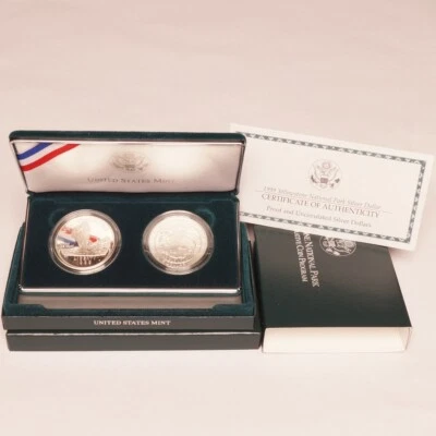 1999 Yellowstone National Park Commemorative 2-Coin Proof and BU Silver Dolla... - Image 1 of 3