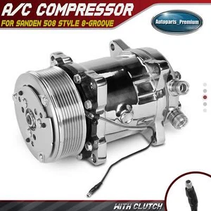 A/C Compressor w/ 8-Groove Pulley for Sanden 508 Style Serpentine Belt Chrome - Picture 1 of 10