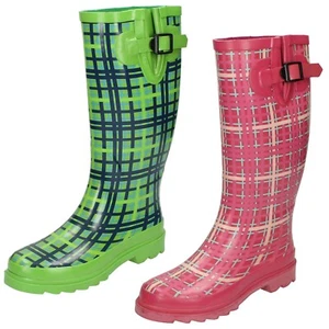 Ladies X1R161 Checked Pattern Pull On Wellington Boots By Spot On - Picture 1 of 19