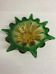 Vintage Marano Style Hand Made Green & Yellow Stretched Glass Candy Dish/Bowl - Picture 1 of 5