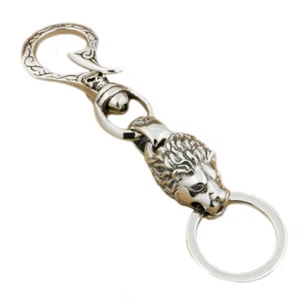 925 Sterling Silver Lion Skull Hook Keychain Biker Punk Keyring Belt Clip 9T020D - Picture 1 of 9
