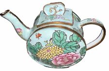 Mini Enamel Teapot Pink And Yellow Flowers With Butterflies Circular Shaped