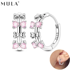 MULA Fine Pink Love Bow Hoop Earrings AAA CZ Women Jewelry 925 Sterling Silver - Picture 1 of 5