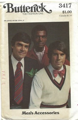Pañuelo Butterick 3417 para hombre, pajarita, Ascot y bolsillo patrón SIN CORTAR años 70 Foto 1 de 3