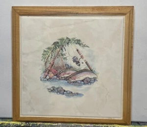 Rainbow Trout Fly Fishing Tile In Heavy Wood Frame Handcrafted Stamped Art RARE - Picture 1 of 4