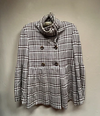 Chaqueta Abrigo Samuel Dong Mujer Pequeña Marfil Marrón Cuadros Doble Pecho Plisada Foto 1 de 4