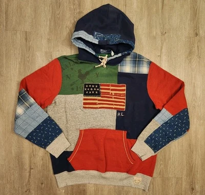 Polo Ralph Lauren пэчворк толстовка с капюшоном флис размер большой страны американский флаг новый - Изображение 1 из 4