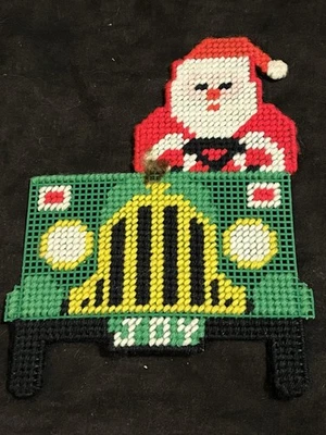 Vintage Plastic Canvas Needlepoint Christmas Decor Santa Claus In Jeep - Image 1 of 2