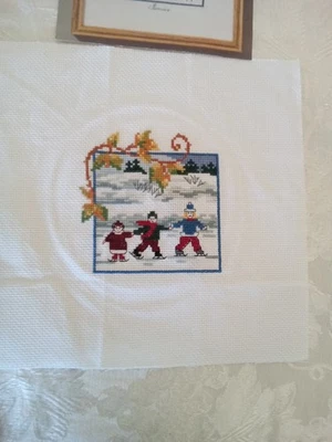 Finished Cross Stitch Oehlenschlager Denmark 3 Children Skating Kirsten Malmborg - Image 1 of 2