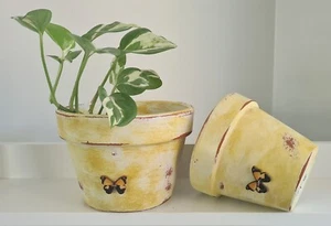 Yellow pots, handpainted, butterfly terracotta pots sealed, antique pot set 2 - Picture 1 of 9