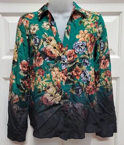Alice Olivia Silk Green Fade to Black Long Sleeve Floral Blouse XS - Picture 1 of 6